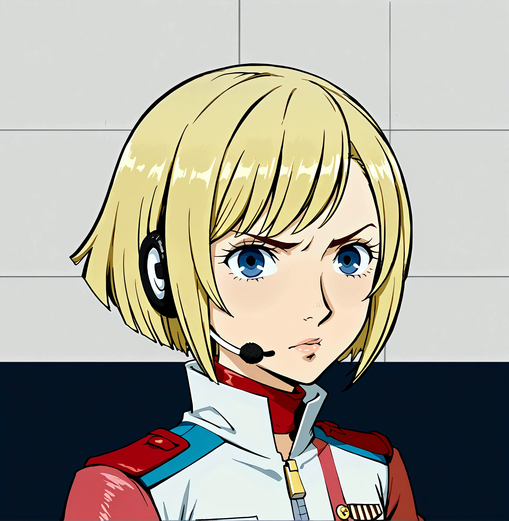 A detailed anime-style illustration of a young woman. She has short blonde hair that falls just above her shoulders, with a straight and smooth texture that has a slight shine. Her eyes are large and blue, with a serious and determined expression. She has a small, well-defined nose and a subtle curve to her lips. She is wearing a headset microphone attached to her ear. She is dressed in a pink uniform with white accents, a red collar, and gold trim. The uniform has shoulder epaulets and a zipper running down the front. Pay special attention to the shape and color of her eyes, the smooth and shiny texture of her blonde hair, the subtle curve of her lips, and the small, well-defined nose. The background should be plain to keep the focus on the character.
