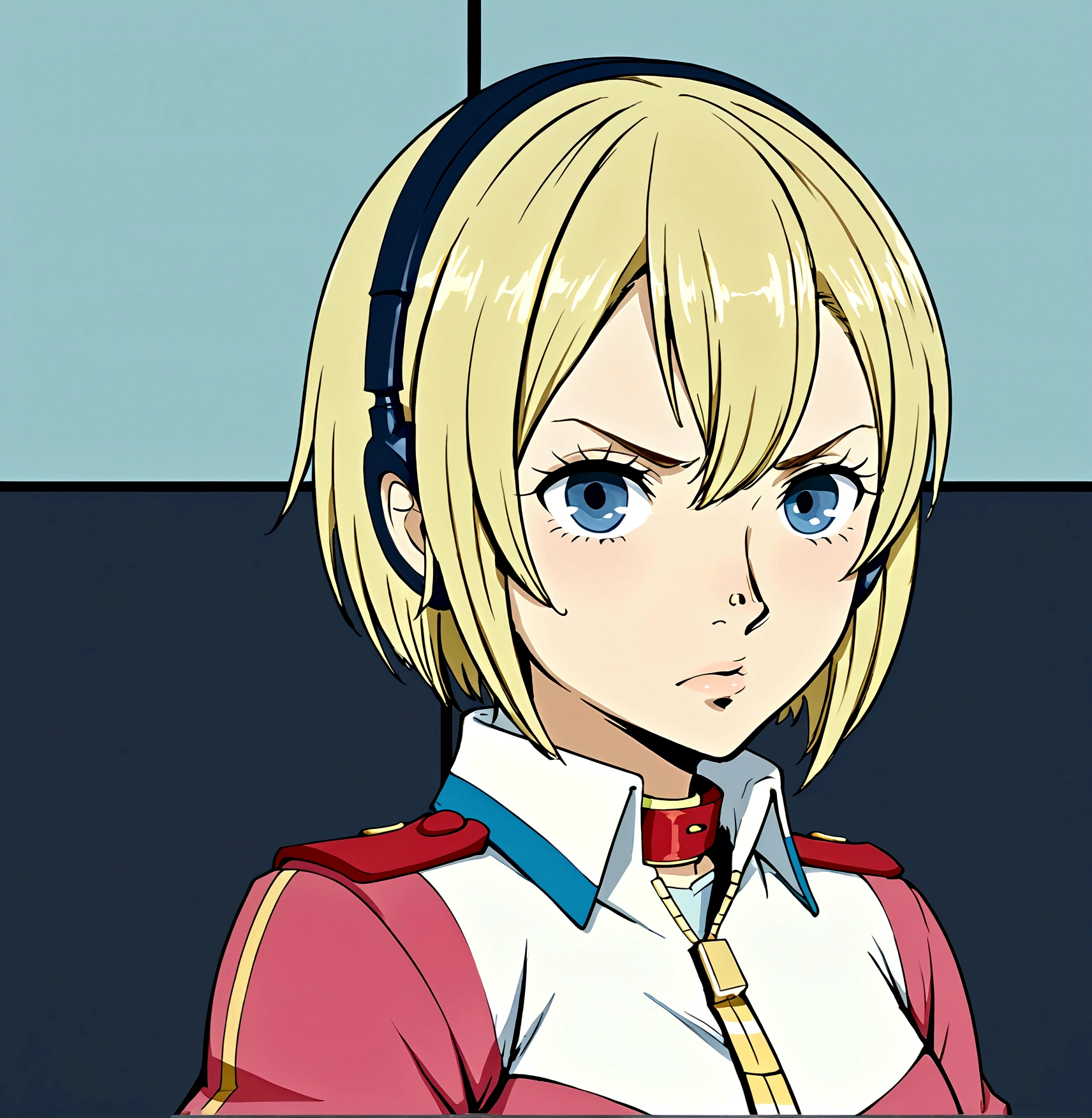 A detailed anime-style illustration of a young woman. She has short blonde hair that falls just above her shoulders, with a straight and smooth texture that has a slight shine. Her eyes are large and blue, with a serious and determined expression. She has a small, well-defined nose and a subtle curve to her lips. She is wearing a headset microphone attached to her ear. She is dressed in a pink uniform with white accents, a red collar, and gold trim. The uniform has shoulder epaulets and a zipper running down the front. Pay special attention to the shape and color of her eyes, the smooth and shiny texture of her blonde hair, the subtle curve of her lips, and the small, well-defined nose. The background should be plain to keep the focus on the character.