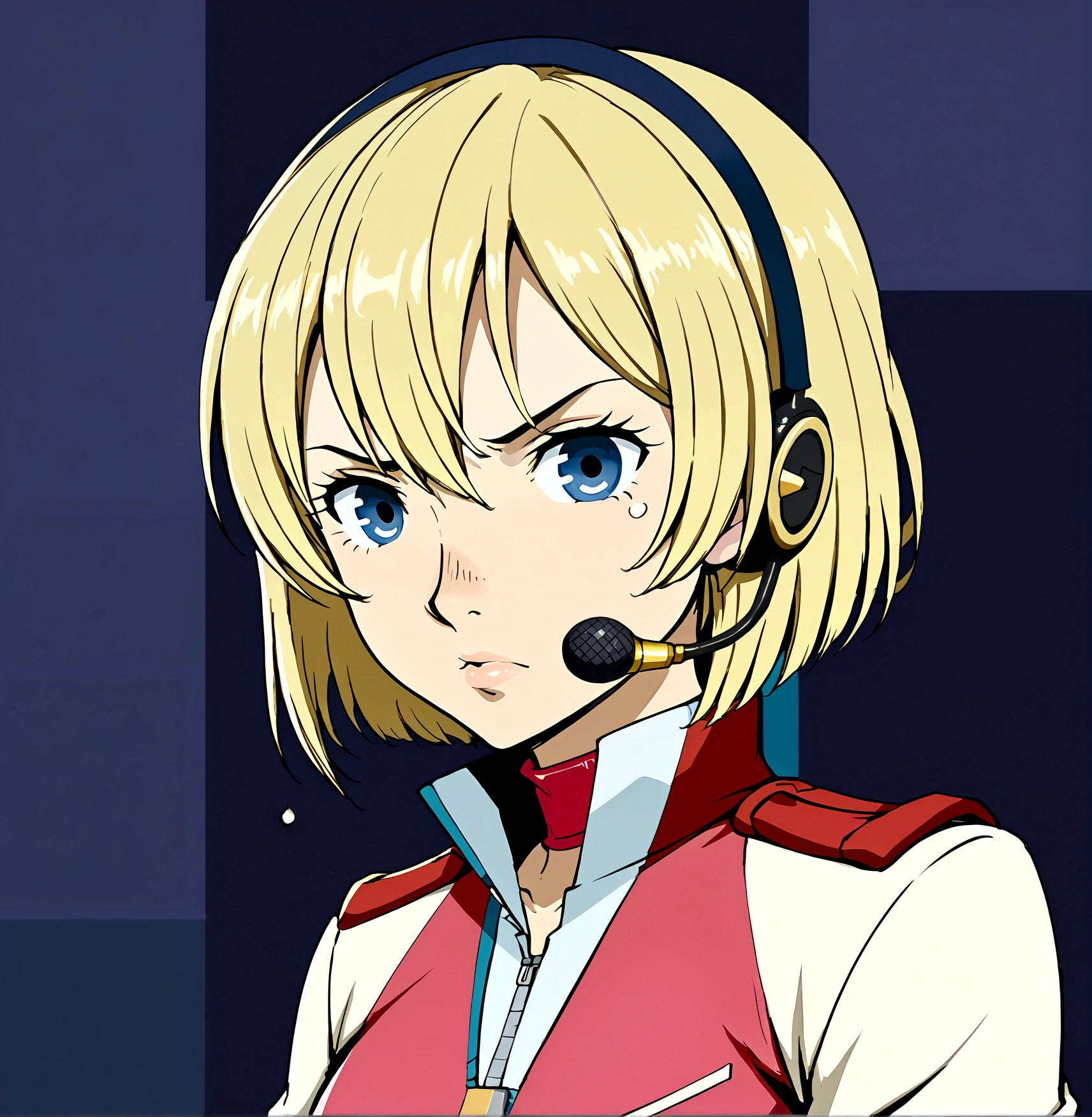 A detailed anime-style illustration of a young woman. She has short blonde hair that falls just above her shoulders, with a straight and smooth texture that has a slight shine. Her eyes are large and blue, with a serious and determined expression. She has a small, well-defined nose and a subtle curve to her lips. She is wearing a headset microphone attached to her ear. She is dressed in a pink uniform with white accents, a red collar, and gold trim. The uniform has shoulder epaulets and a zipper running down the front. Pay special attention to the shape and color of her eyes, the smooth and shiny texture of her blonde hair, the subtle curve of her lips, and the small, well-defined nose. The background should be plain to keep the focus on the character.