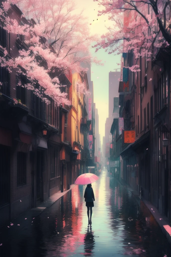 masterpiece, Highest quality, Super detailed, figure, Wide-angle, A girl is standing in the middle of the road, alone, The road in the middle and pink cherry blossom trees on the roadside, whole body, 20th Generation, Pink Hair, sweater, Short skirt, fashion,, composition, balance, Harmony, rhythm, color, Light, Shadow, reflection, refraction, tone, Contrast, prospect, Middle Way, background, Naturalistic, Figurative, Expressive.