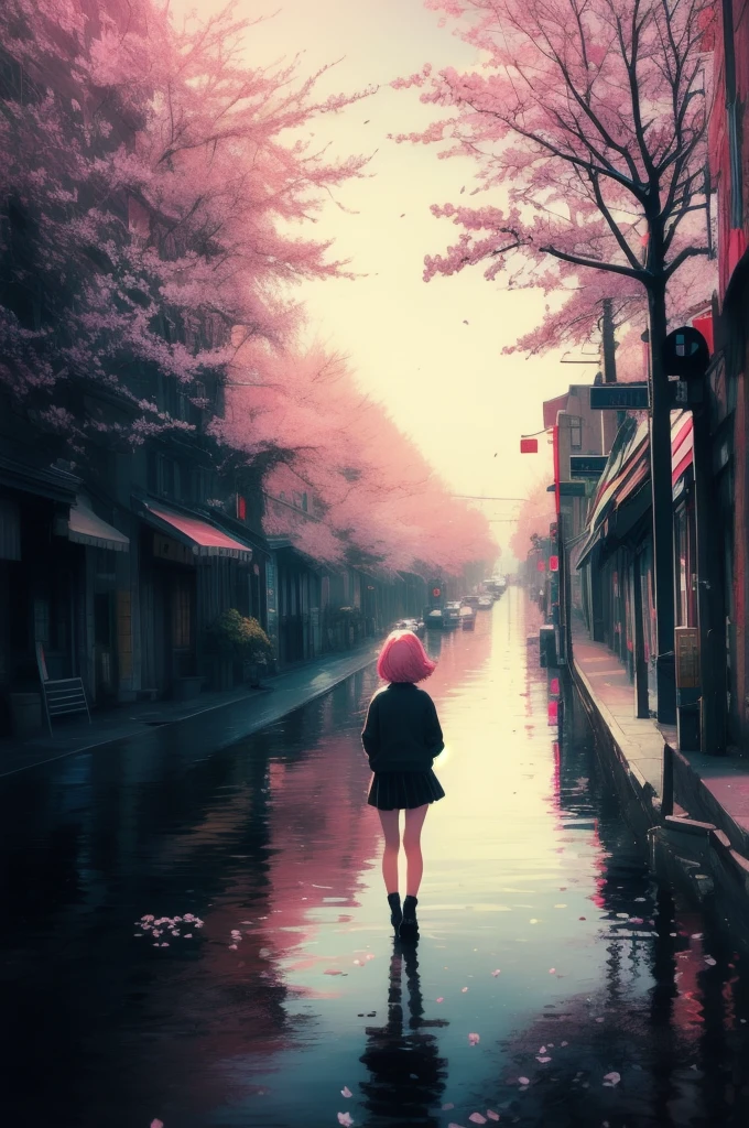 masterpiece, Highest quality, Super detailed, figure, Wide-angle, A girl is standing in the middle of the road, alone, The road in the middle and pink cherry blossom trees on the roadside, whole body, 20th Generation, Pink Hair, sweater, Short skirt, fashion,, composition, balance, Harmony, rhythm, color, Light, Shadow, reflection, refraction, tone, Contrast, prospect, Middle Way, background, Naturalistic, Figurative, Expressive.