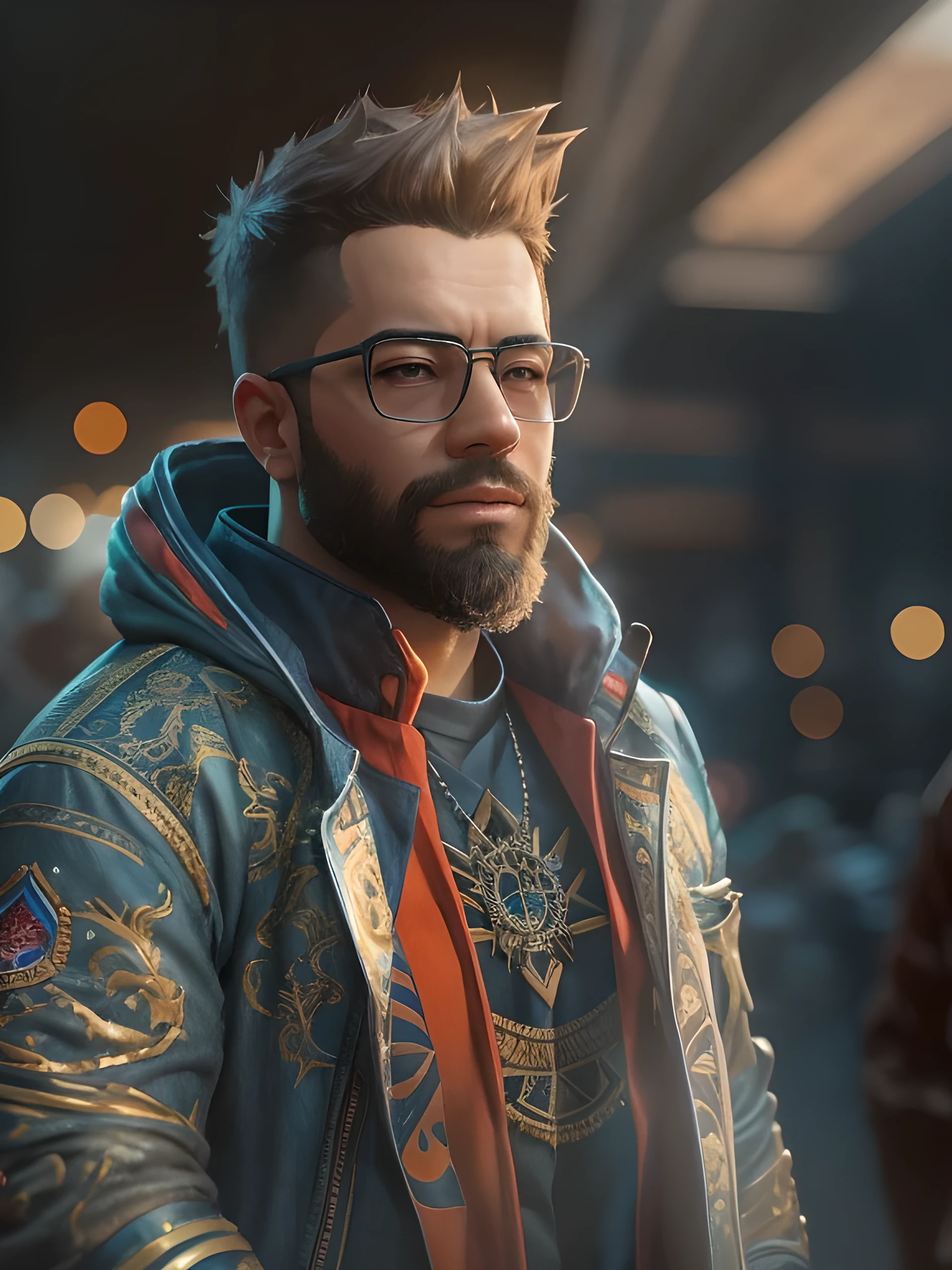 a man with a beard and glasses, spiked hairstyle, wearing a jacket, hyper-realistic detailed portrait, craig mullins art style, dappled lighting, inspired by craig mullins and greg rutkowski, james gurney painting style, wojtek fus, artgerm, sigma 150mm f/3.5, high quality 8k raw photo, masterpiece, best quality, ultra-detailed, photorealistic, physically-based rendering, vivid colors, bokeh