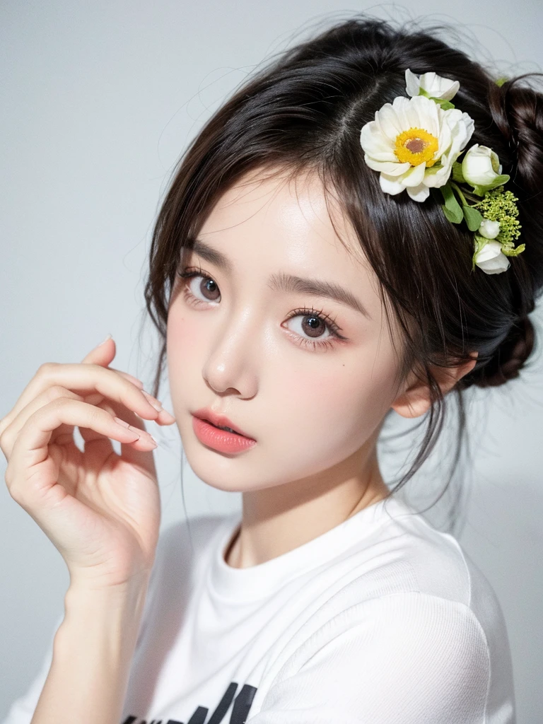 masterpiece,Best picture quality,Extreme details,Ultra-high resolution,Ultra-high definition,Beautiful young people,Glowing skin,thin,Black Hair,Half bun,1,big eyes,beautiful eyes,Lipstick,Exquisite facial features,Medium shot,bust,Looking at the viewer, t-shirt,Single tone background,White background,Soft light，Wear flowers on your head