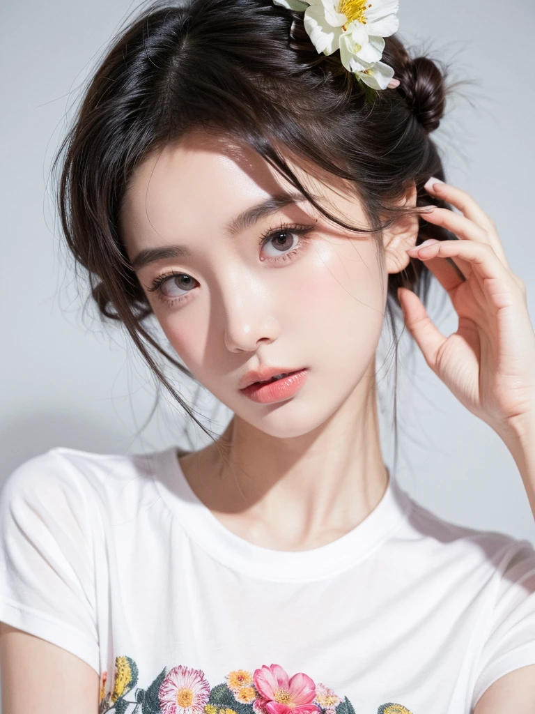 masterpiece,Best picture quality,Extreme details,Ultra-high resolution,Ultra-high definition,Beautiful young people,Glowing skin,thin,Black Hair,Half bun,1,big eyes,beautiful eyes,Lipstick,Exquisite facial features,Medium shot,bust,Looking at the viewer, t-shirt,Single tone background,White background,Soft light,Wear flowers on your head