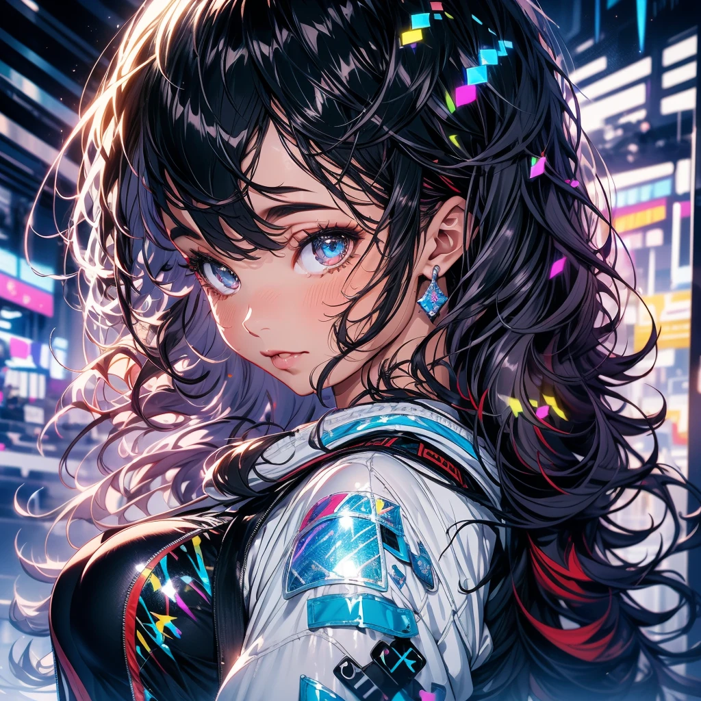 Create Ultra High Definition, Masterpiece quality image with white theme, Featuring a cute anime girl with long black hair in a cool pose, Attack with a high-tech sword. In this scene、A large number of holographic swords appear floating in a circle.。, Each one has countless intricate parts, Set in a predominantly white cyberpunk environment. The scene is enriched with holographic elements and light particles., Emphasizing futuristic and fantastical aesthetics. The image is、Capturing the essence of purity and sophistication with the finest quality and beauty, A super detailed display of a girl and her holographic sword, Super-resolution visuals that highlight the intricate details of a scene.