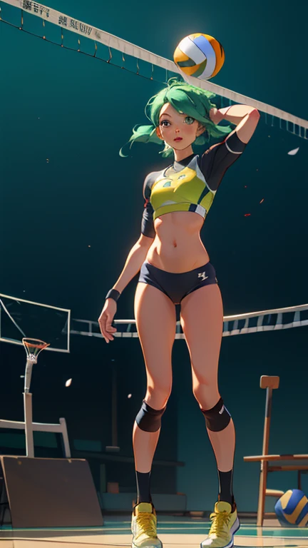 High resolution, detailed, full_body, Are standing, Looking_in_Audience,cowboy_shot, feet_outside_of_フレーム 1女of子, 一人in,;D, Aqua_bikini, Aqua_eye, arm_behind_head, just_shoulder, green_hair, Sports_good, Stomach, visor_cap, volleyball, volleyball_(物body), Sportswear, volleyball_Net, outsideDoors