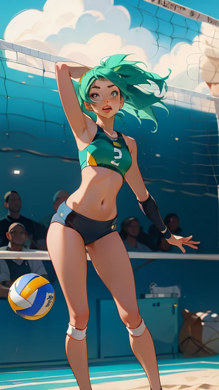 High resolution, detailed, full_body, Are standing, Looking_in_Audience,cowboy_shot, feet_outside_of_フレーム 1女of子, 一人in,;D, Aqua_bikini, Aqua_eye, arm_behind_head, just_shoulder, green_hair, Sports_good, Stomach, visor_cap, volleyball, volleyball_(物body), Sportswear, volleyball_Net, outsideDoors