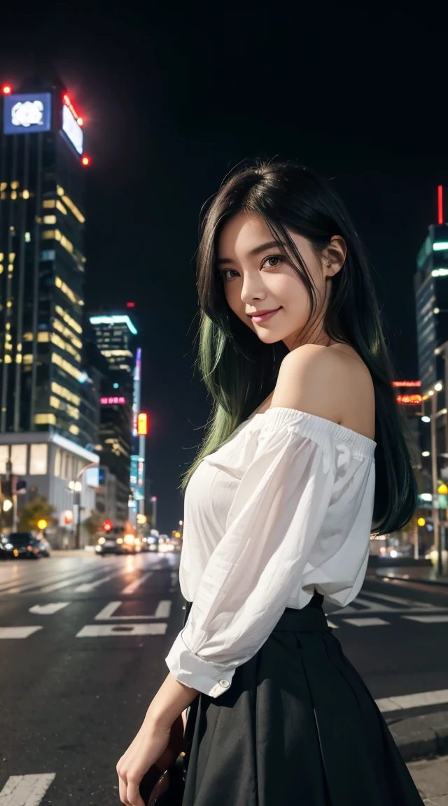 One girl, black_skirt, green_hair, building, city, cityscape, hair_between_eye, Jacket, Looking_in_Audience, Moderate_hair,  night, off_shoulder, Outdoor, pleined_skirt, road, shirt, skirt, Skyscraper, smile, 一人in_concentrated, street, white_shirt