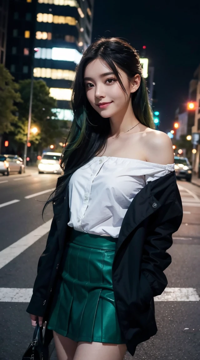 One girl, black_skirt, green_hair, building, city, cityscape, hair_between_eye, Jacket, Looking_in_Audience, Moderate_hair,  night, off_shoulder, Outdoor, pleined_skirt, road, shirt, skirt, Skyscraper, smile, 一人in_concentrated, street, white_shirt