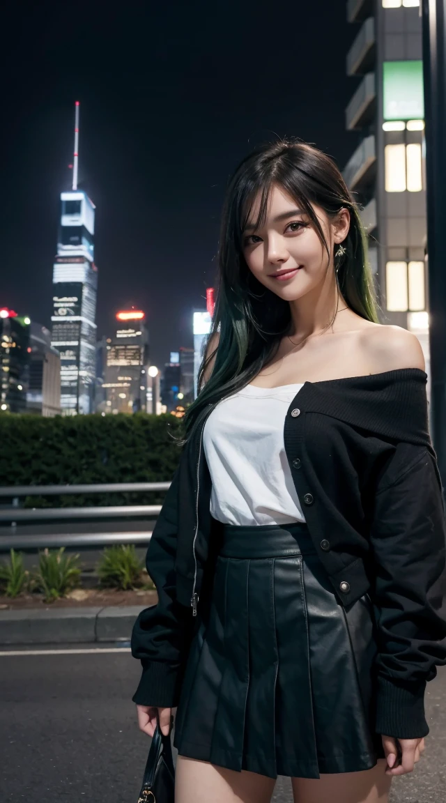 One girl, black_skirt, green_hair, building, city, cityscape, hair_between_eye, Jacket, Looking_in_Audience, Moderate_hair, night, off_shoulder, Outdoor, pleined_skirt, road, shirt, skirt, Skyscraper, smile, 一人in_concentrated, street, white_shirt
