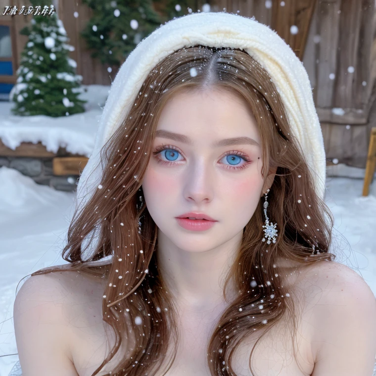 Beautiful girl, blue eyes, long curly white hair witg, detailed facial traits, beautiful earrings, national turkic female dress, naked breasts, naked nipples, yurta behind, it's snowing, sexy pose