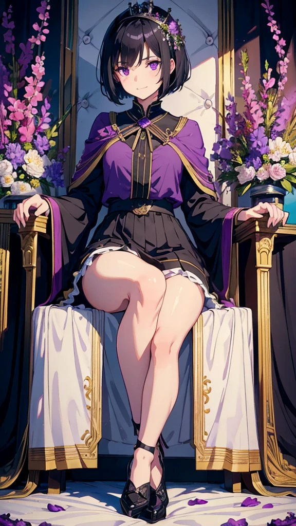 young girl, short black hair, violet eyes, smirk, full body, high quality, 4k, HD, Good detail, Show leg, Throne of Power, Queen, foots on flowers, high school girl