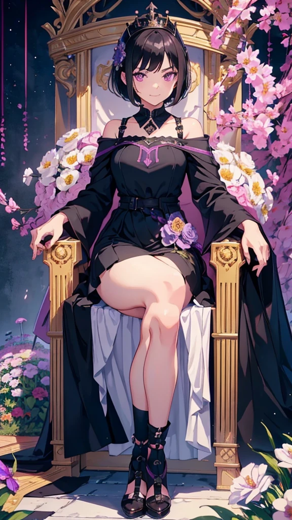young girl, short black hair, violet eyes, smirk, full body, high quality, 4k, HD, Good detail, Show leg, Throne of Power, Queen, foots on flowers, high school girl