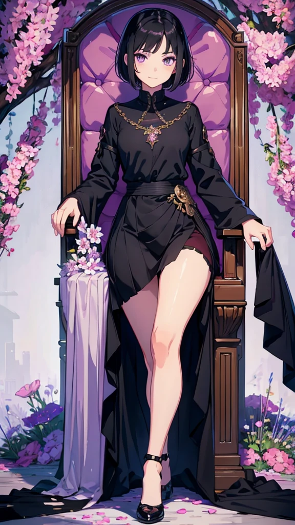 young girl, short black hair, violet eyes, smirk, full body, high quality, 4k, HD, Good detail, Show leg, Throne of Power, Queen, foots on flowers, high school girl