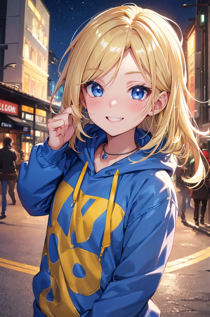Ultra-detailed,Bright colors,(In 8K:1.3),Masseter muscle area,Very beautifully detailed face and eyes, Age 25,(Smooth and straight blonde hair:1.3), (Shiny Hair:1.2), Delicate and beautiful face, blush、Deep blue eyes, A happy smile,Small Necklace、City lights, hoodie