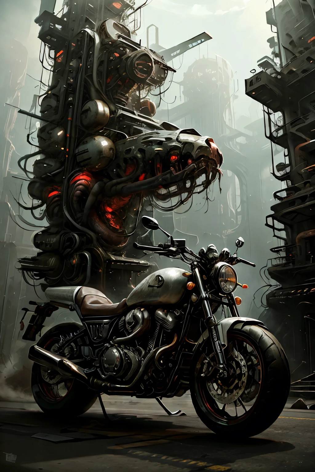 (Highest quality:1.2)。BiopunkAI。A woman riding a massive motorcycle on the road。