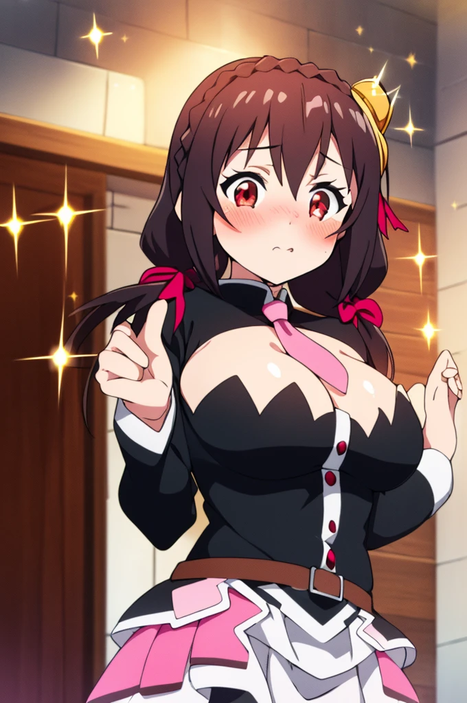 (masterpiece, Highest quality), One girl, Yunyun,Long Hair,Braiding,Twin tails,Hair between the eyes,Red hair ribbon,hair ornaments,large round breasts,、Pink Skirt、Black Hair、Crown Blade,Black Shirt, Long sleeve,Pink tie, belt, Cleavage cutout、(blush:1.ung face、(Sparkling red eyes:1.2)、View the viewer