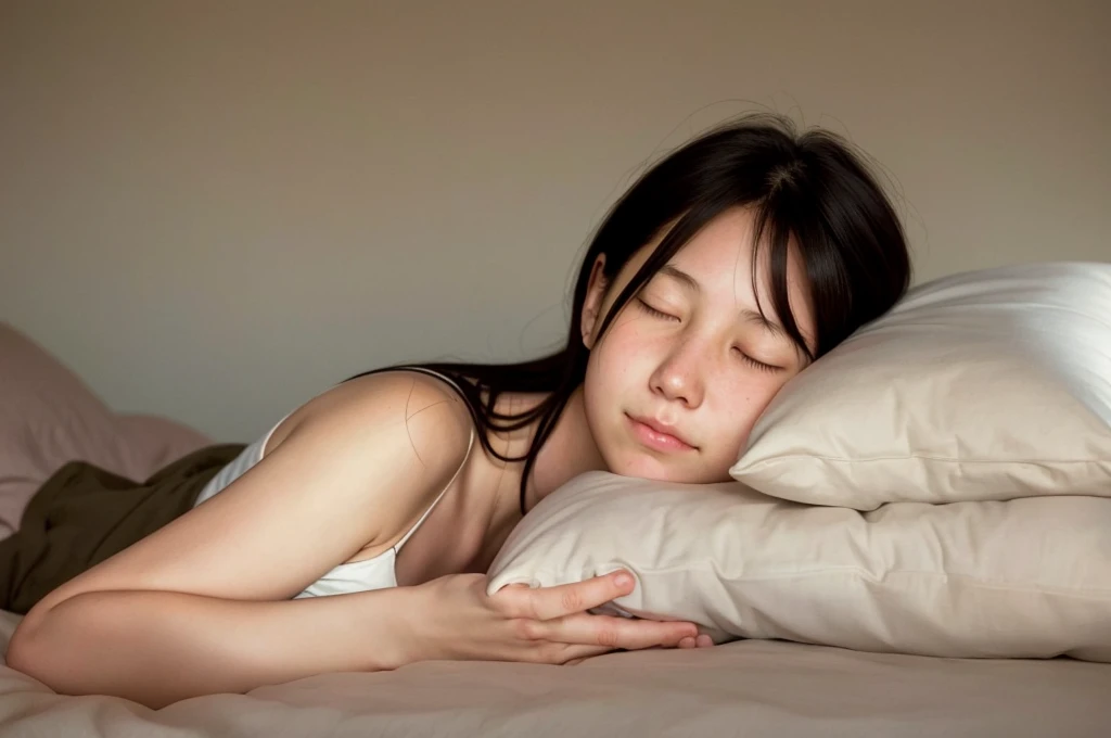 1girl, cute, sleeping, eyes closed, (freckles:0.2), lying on bed, head on pillow, bedroom, detailed background, indoor, hires, (photorealistic:1.4), (in the dark, deep shadow,low key:1.1), diffused natural skin glow, diffused dark light, wide shot