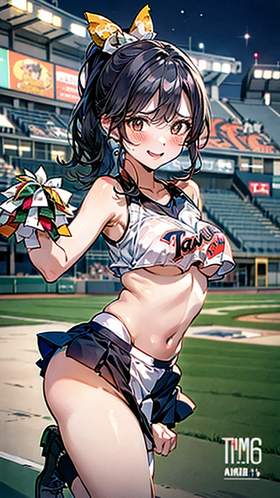 baseball stadium,Panty drop:1.5,Clothing with tiger printed on it,tubetops,Underboobs,ponytail,cheerleader, stadium, team spirit, pom-poms, enthusiastic, energetic, crowd, uniform, sports event, cheering, colorful, dynamic pose, happy, vibrant, teamwork, celebration, night game, lights, action