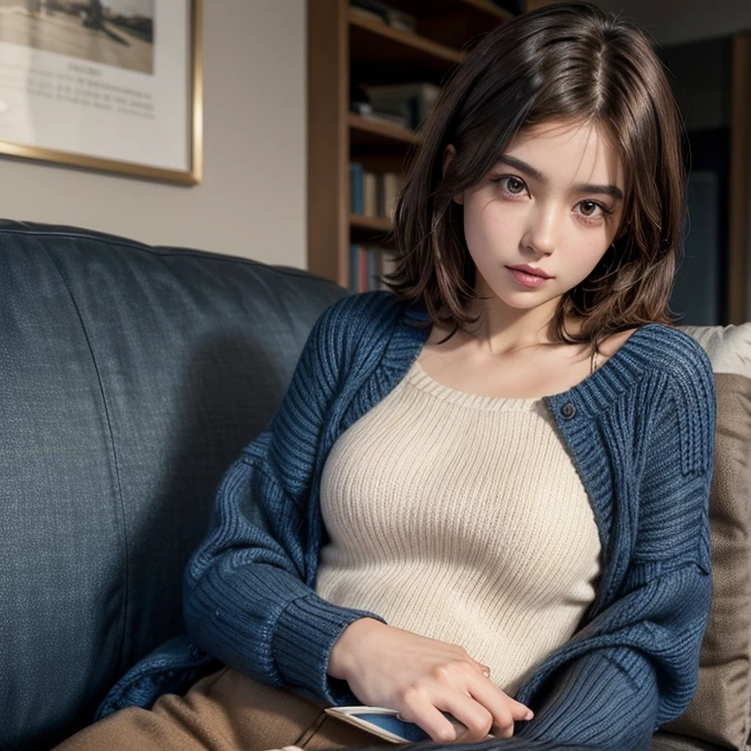 brown skin girl, short shoulder length brown hair and black eyes, reading a book on her couch in a long blue sweater that shows a little of her butt