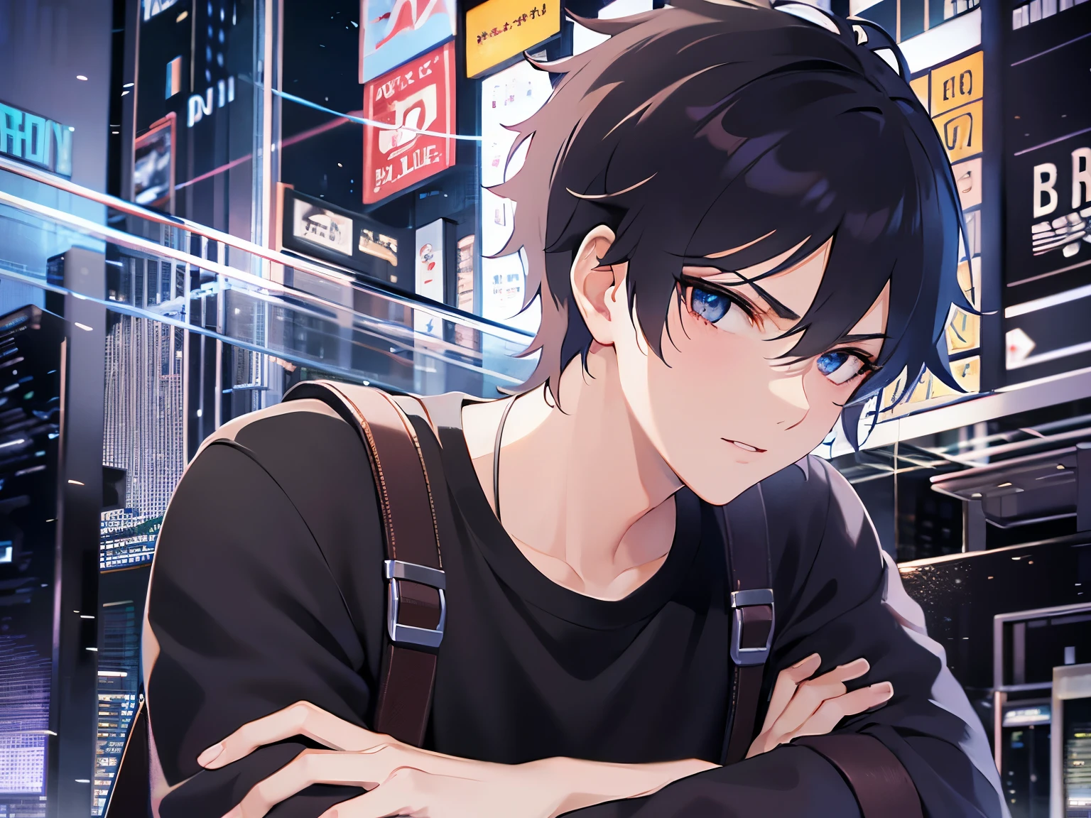 Detailed CG,Ultra-fine illustrations,masterpiece,Highest quality,Shiny skin,BREAK(26 year old male:1.5)BREAK,(Black Short Hair),(blue eyes),(Black)and(Black T-shirt),angry,crossed arms,The background is a night city,alone