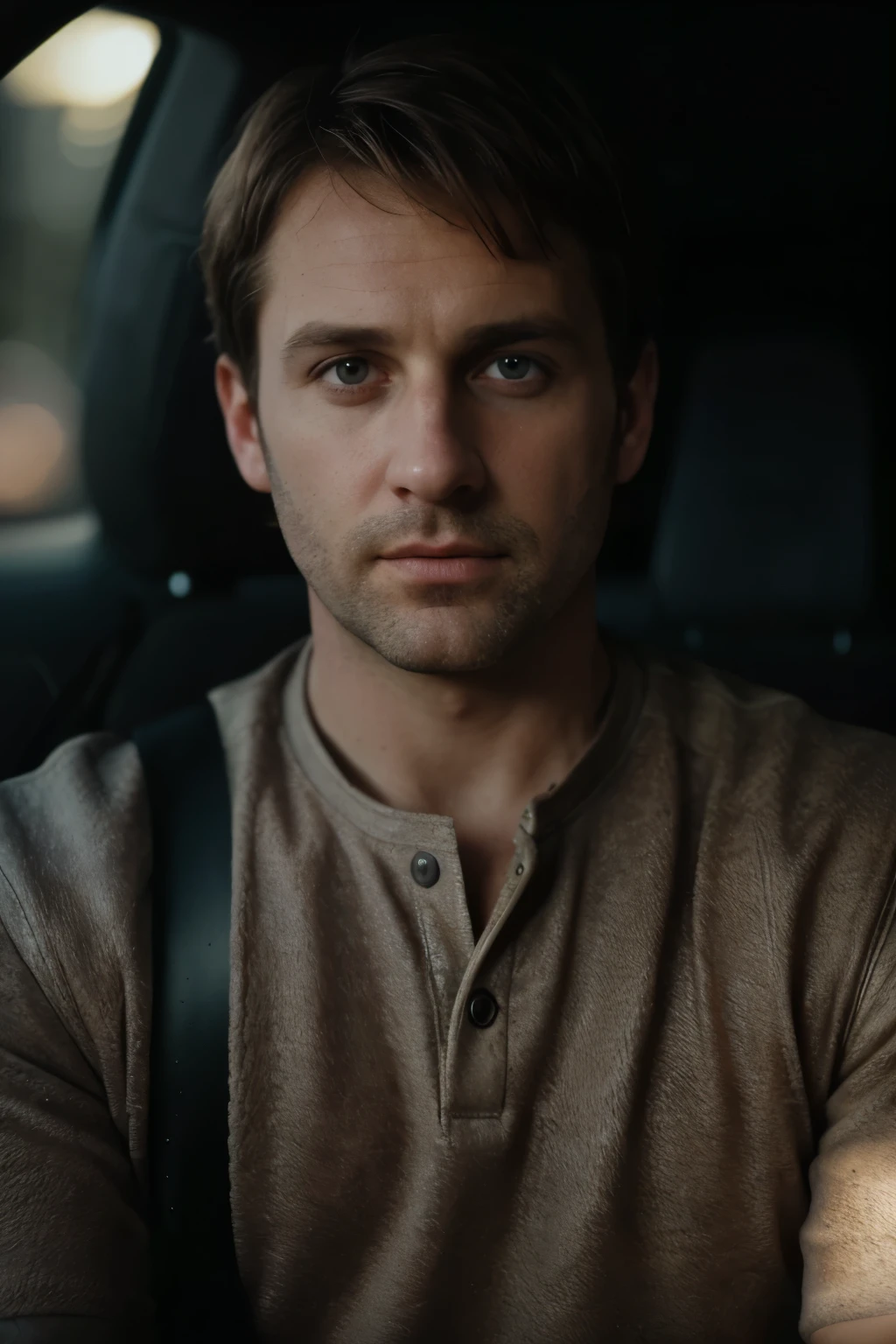 realistic photo of a man, ultra textured leather, creep, face looking straight into the camera, Male 35 years old, short hair, detailed light brown hair, is driving a car, ((hard lighting: 1,4)), color 100, shot on Cinestyl 800T, sharp focus on the lens.