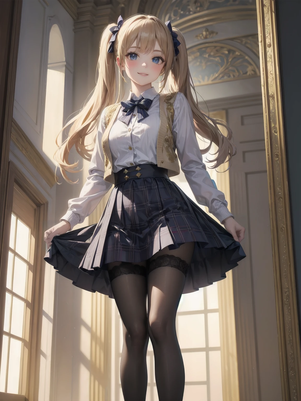 A lavish, photorealistic illustration of Soro, a charming 19th-century maiden, exudes elegance in a masterfully crafted scene. Framed by a ornate, gilded archway, she stands poised, her twintails adorned with sparkling bows, her cardigan vest and short-sleeved shirt perfectly complementing her plaid skirt. Over black legwear, her loafers add a touch of whimsy. A radiant smile spreads across her face, her eyes sparkling like diamonds in the soft, golden light. Every detail, from the intricate lace trim to the delicate folds of her garments, is meticulously rendered by a master illustrator's hand