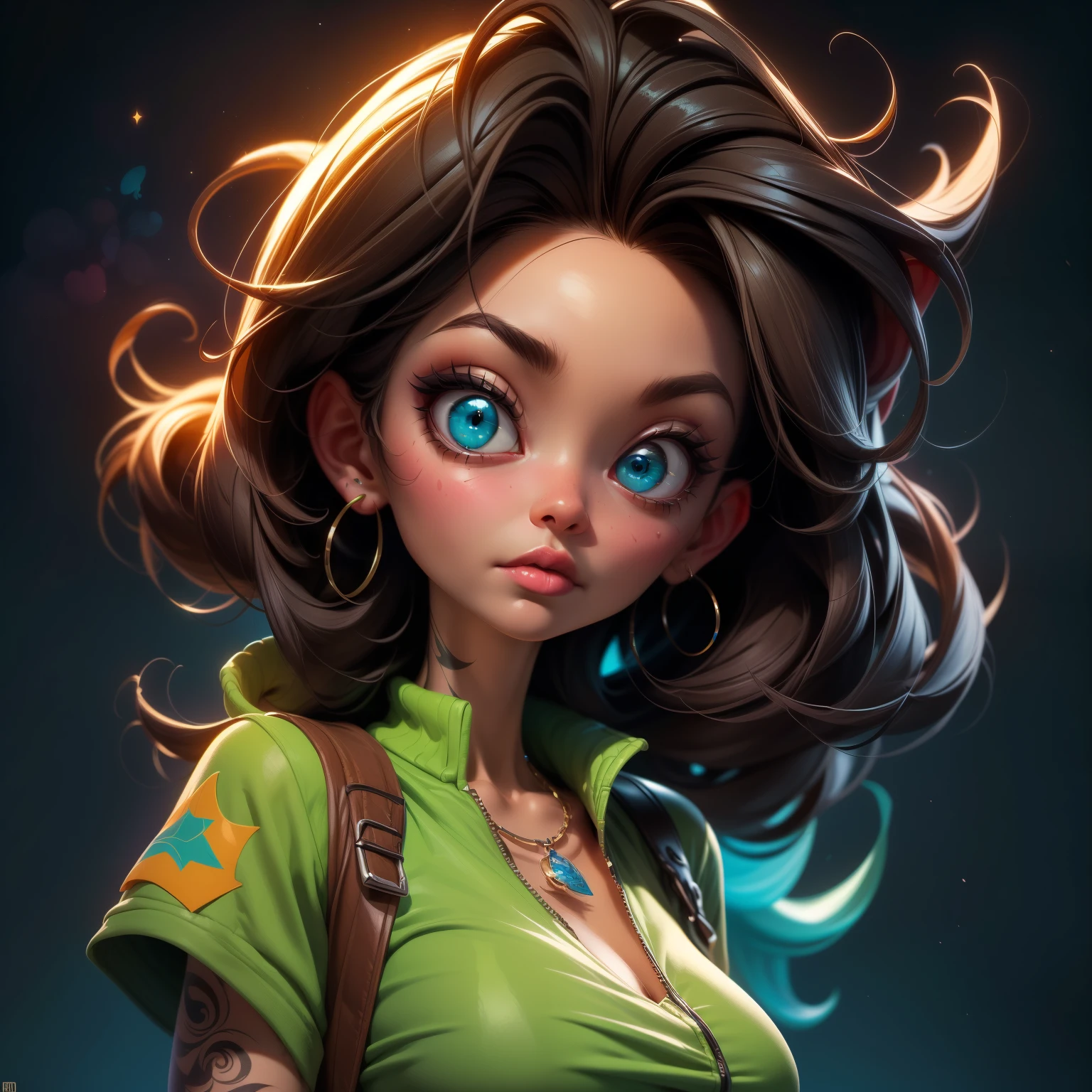Disney, Pixar (Style: Pixar, Cartoon, trending on artstation, ((high quality:1.2), (masterpiece:1.2)) , (8k resolution) , high details, incredibly absurdres, color connection, colorized, colorful) , detailed art stylized by Dmitry Kustanovich and Duy Huynh, Concept art, professionally shot of a Big eyes, Haitian, (Female Student:1.2) , Hurricane, Sharp and in focus, Starlight, green paint splotches, tattoo,ruanyi0282,ruanyi0220,color paint,free style,tattoo