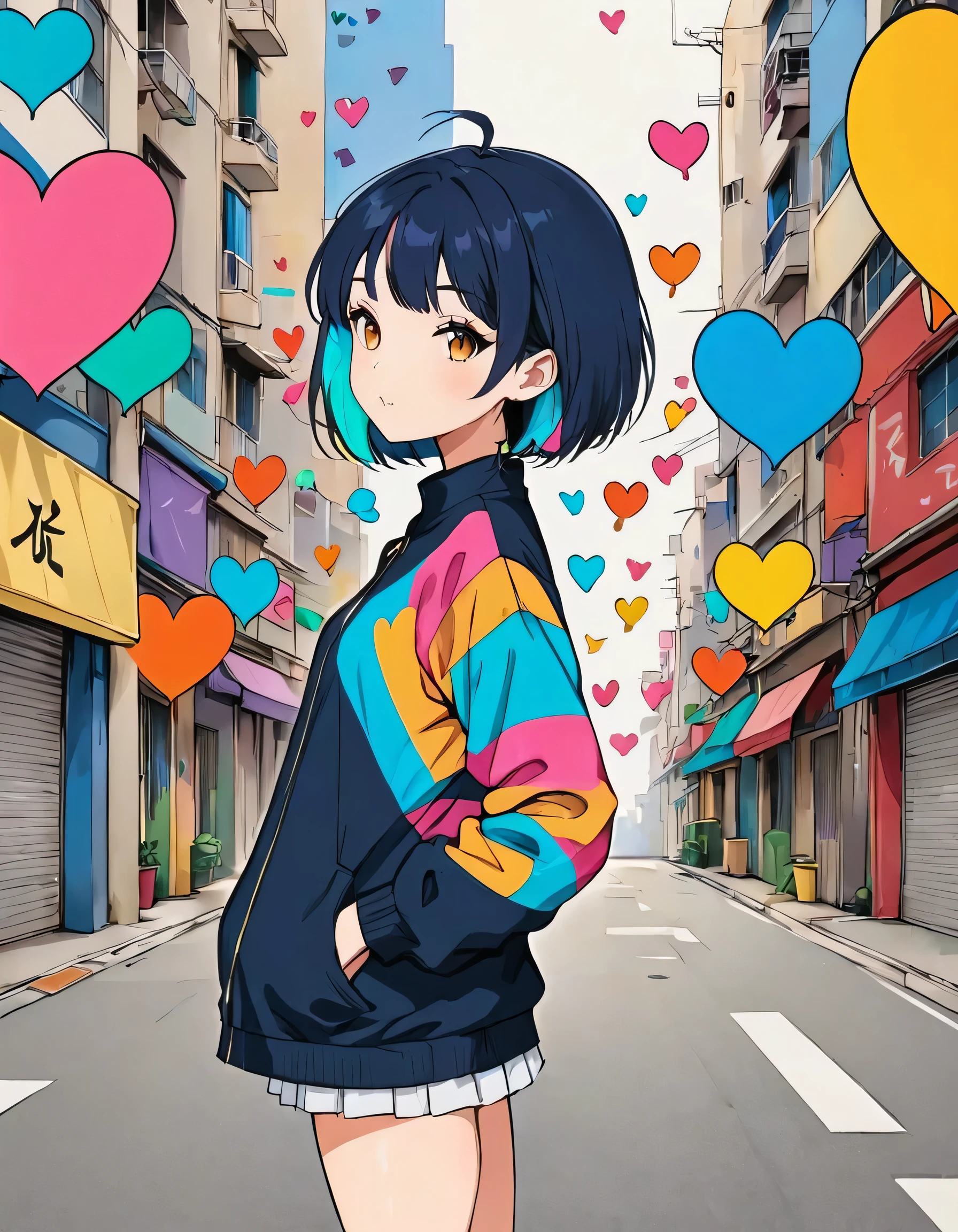 Mai Yoneyama style, Simple Line Initialism,Abstract art,Urban Background, colorful hearts ,(((The most beautiful girl of all time))),