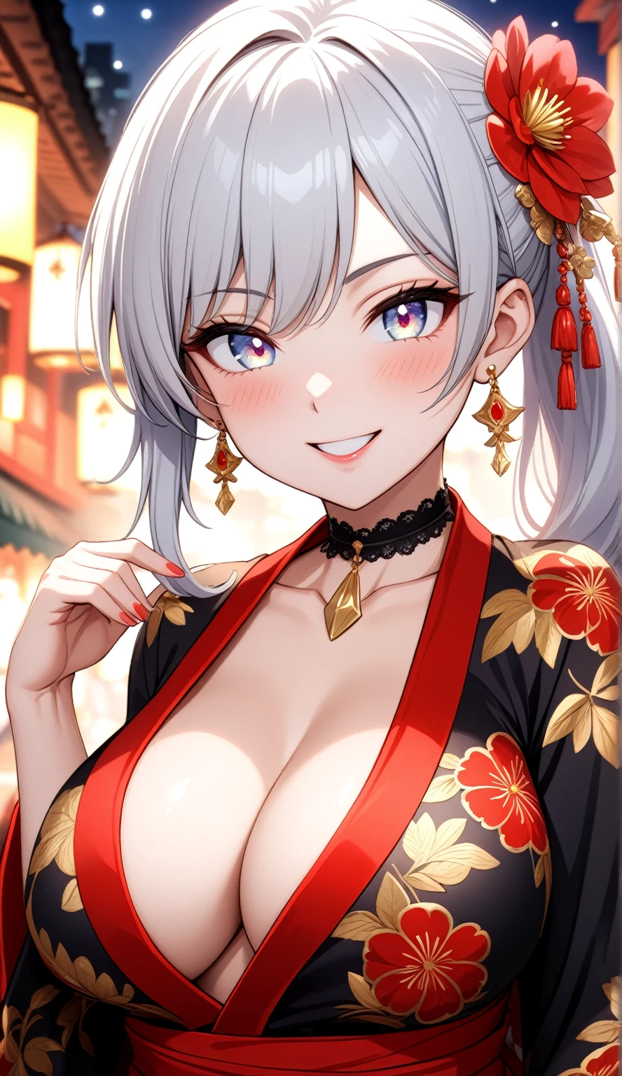 (One personの女性)), Beautiful Face, (Laughing embarrassedly), ((seductive smile:1.3)), ((Wink:2.1)), Laugh with your mouth wide open,((Bright red cheeks:1.4)),Shiny red lips, night,rooftop,Festivals, firework,Glossy red lips,Facial lighting,((Anime style background)),masterpiece, Highest quality, so beautiful,up to date, Complex details, (Pink long nails), (ring),(bracelet),(choker),AI-generated, Complex,High resolution, Highest quality, super high quality,3D Images、3D Images,One person,Long white hair in a high side ponytail,(blue eyes), ((Fine grain、Silvery white colorful eyes、Shining Eyes:1.4)), (Squint your eyes:1.1), 写真のポーズをとるAnime Women, a hyperRealistic , hyperRealistic , Realistic,Anime Women, Smooth anime CG art, A woman in a colorful kimono with gold embroidery, (Black long sleeve kimono), Red floral pattern,Long flower hair ornament,Earrings,Mature Body,(Big Breasts:1.1),Tall,Narrow waist,(Zoom in on face:1.4),(Tilted Background),