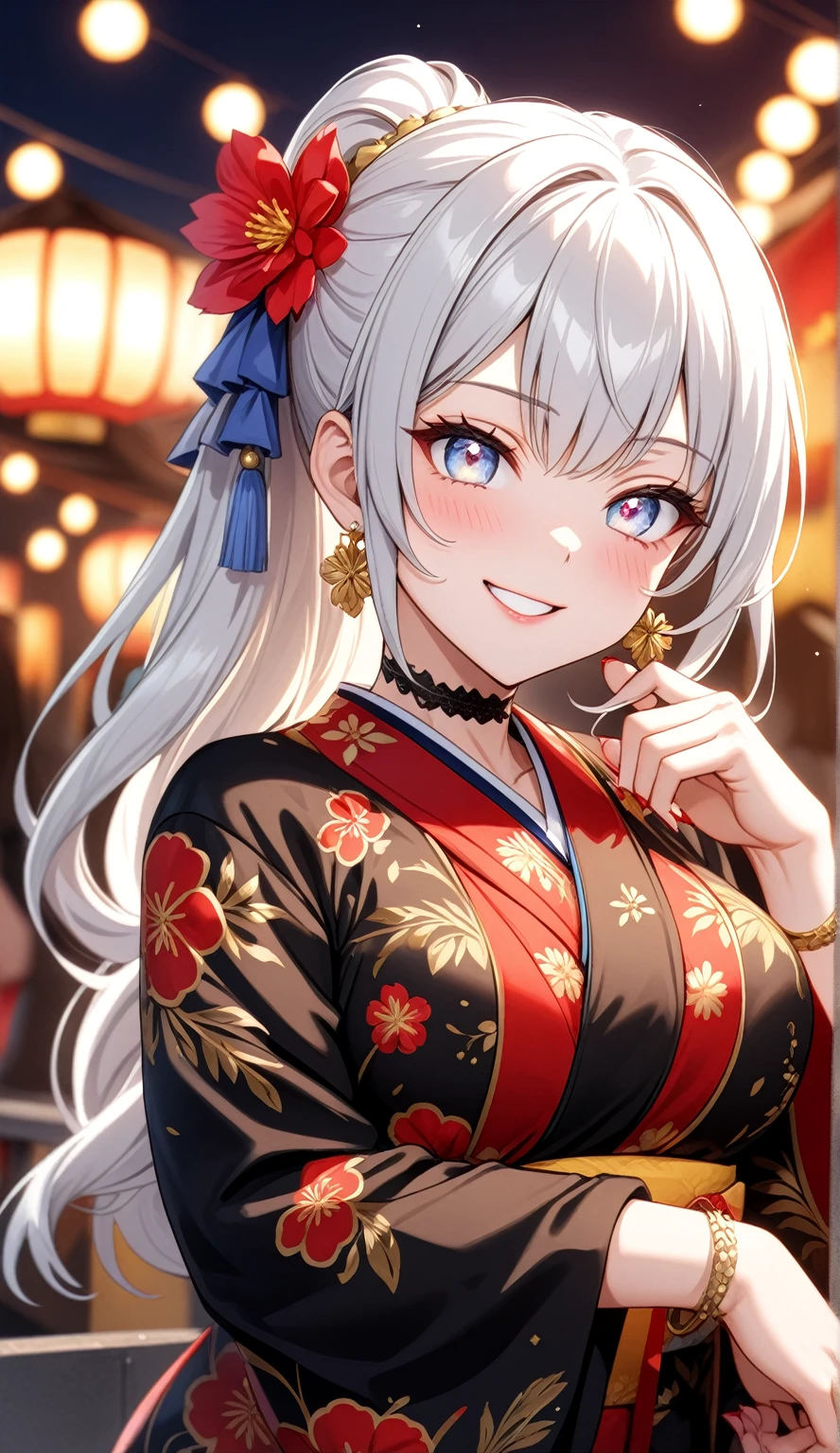 (One personの女性)), Beautiful Face, (Laughing embarrassedly), ((seductive smile:1.3)), ((Wink:2.1)), Laugh with your mouth wide open,((Bright red cheeks:1.4)),Shiny red lips, night,rooftop,Festivals, firework,Glossy red lips,Facial lighting,((Anime style background)),masterpiece, Highest quality, so beautiful,up to date, Complex details, (Pink long nails), (ring),(bracelet),(choker),AI-generated, Complex,High resolution, Highest quality, super high quality,3D Images、3D Images,One person,Long white hair in a high side ponytail,(blue eyes),  ((Fine grain、Silvery white colorful eyes、Shining Eyes:1.4)), (Squint your eyes:1.1), 写真のポーズをとるAnime Women, a hyperRealistic , hyperRealistic , Realistic,Anime Women, Smooth anime CG art, A woman in a colorful kimono with gold embroidery, (Black long sleeve kimono),  Red floral pattern,Long flower hair ornament,Earrings,Mature Body,(Big Breasts:1.1),Tall,Narrow waist,(Zoom in on face:1.4),(Tilted Background),
