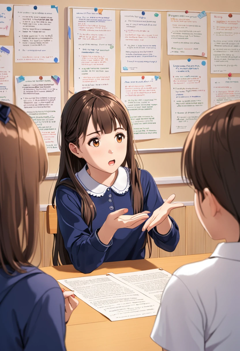A girl explains the lesson with her hands