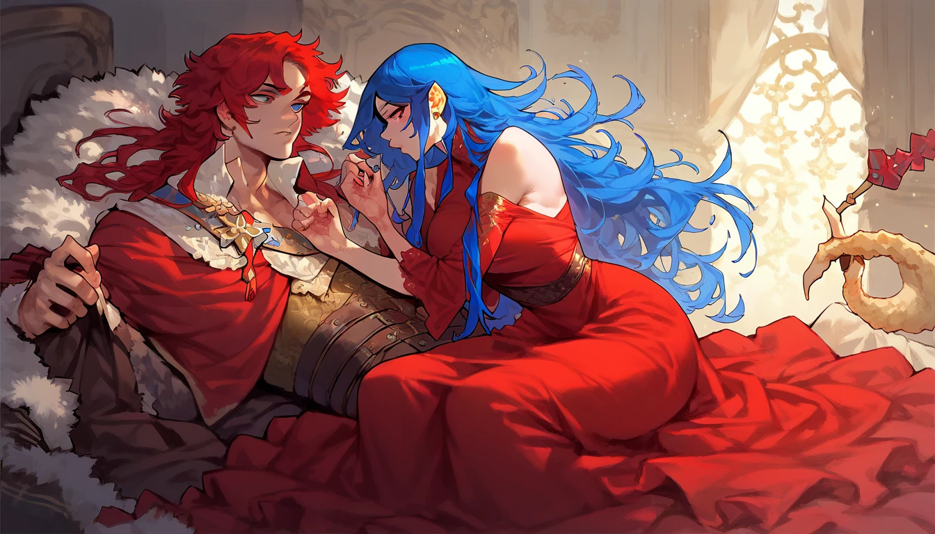 (masterpiece, (tabaxi:1.2), female, red hair, long hair, curvy haircut, red eyes, female clothes, red dress) [SEP] (masterpiece, 1boy, blue hair, blue eyes, male clothes)