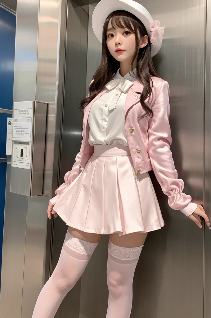 Highest quality、Elevator Girl、A short pink jacket made of shiny silk、White blouse with ribbon、Very short tight skirt、A small round hat with a ribbon、Skinny、White gloves、White over-the-knee socks、Flushed Cheeks、Embarrassed look、Pull the front of the skirt down