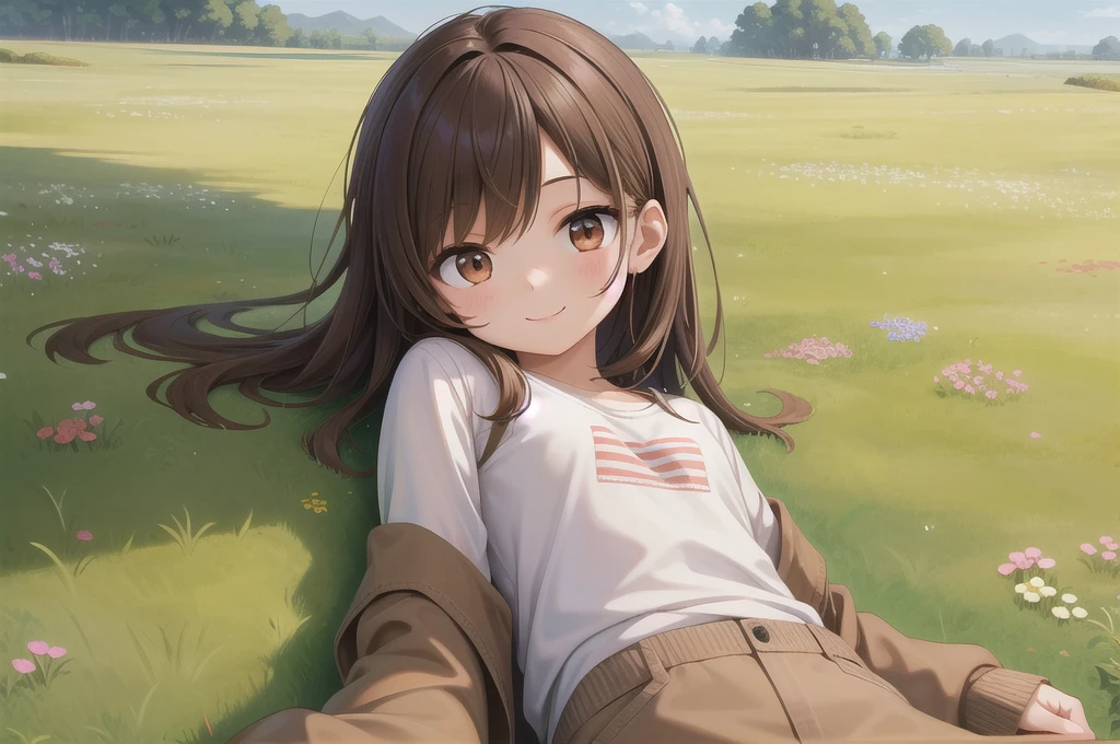One girl, alone, 20-year-old, Brown eyes, Brown Hair, smile, Nice casual clothes, grassland, Lie on your back, headphone, masterpiece, Fine Fingers, 最high quality:1.4, high quality, detailed,
