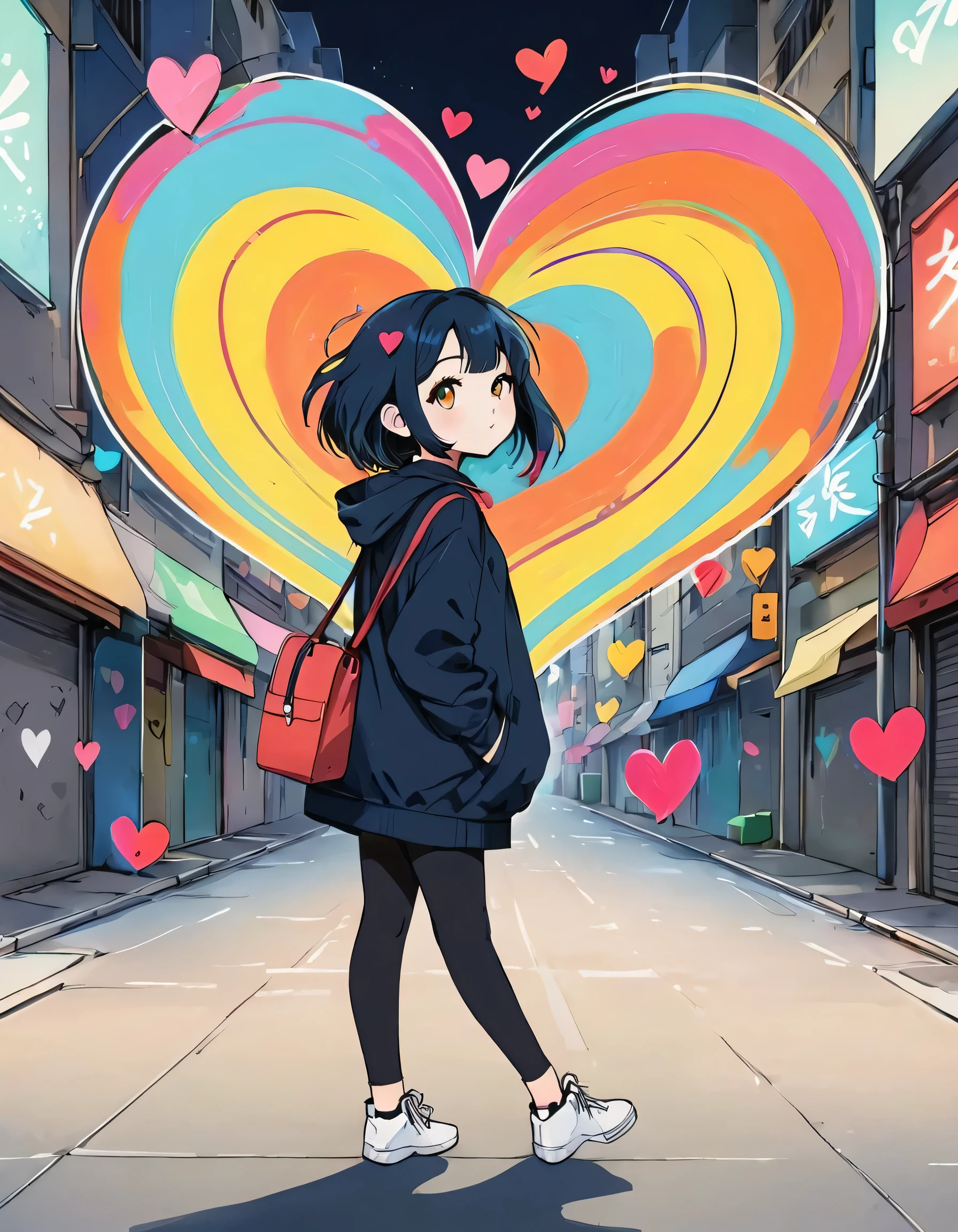 Mai Yoneyama style, Simple Line Initialism，Abstract art，Urban Background, colorful hearts ,(((The most beautiful girl of all time))),