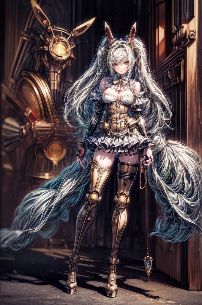 ((best image quality, highest quality, Masterpiece, High resolution: 1.4)), Japan anime-style steampunk illustration, official art, (From the fingertips to both arms are steampunk-style mechanical prosthetic hands:1.5), (Mechanical prosthetic leg with steampunk-style legs:1.4), Steampunk style bunny headband, Steampunk-style bunny suit with emphasis on the crotch and lightly emphasized chest fabric, Gigantic breasts in good shape, 
