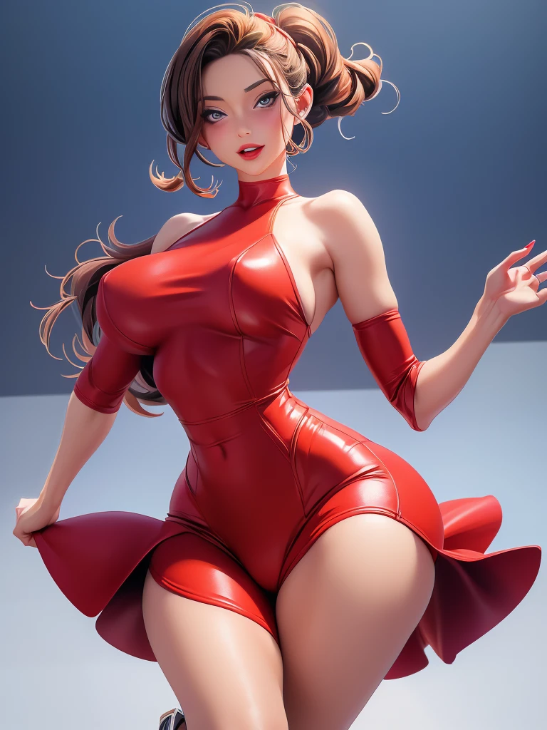 a close up of a woman in a red dress standing on one leg, pinup body, pinup pose, pinup art, hands behind her body pose!, oppai proportions, pinup, extremely detailed artgerm, cutesexyrobutts, girl pinup, perfectly shaded body, full body portrait of a short!, comic pinup style, pin up, complete body view