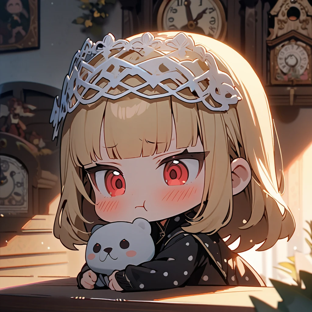 (8K, best quality, master piece: 1.2), super high resolution,1 girl is hugging a stuffed teddybear,,独奏,(chibi:1.4),15yo,ultra-detailed face,detailed eyes,Blonde,Long Hair, red eyes,blunt bangs,((pout)),blush,Portrait,white Fascinator,wearing a white dress with black polka dots,black bolero,Cuckoo clock,Rim Light,Shooting from the side,room