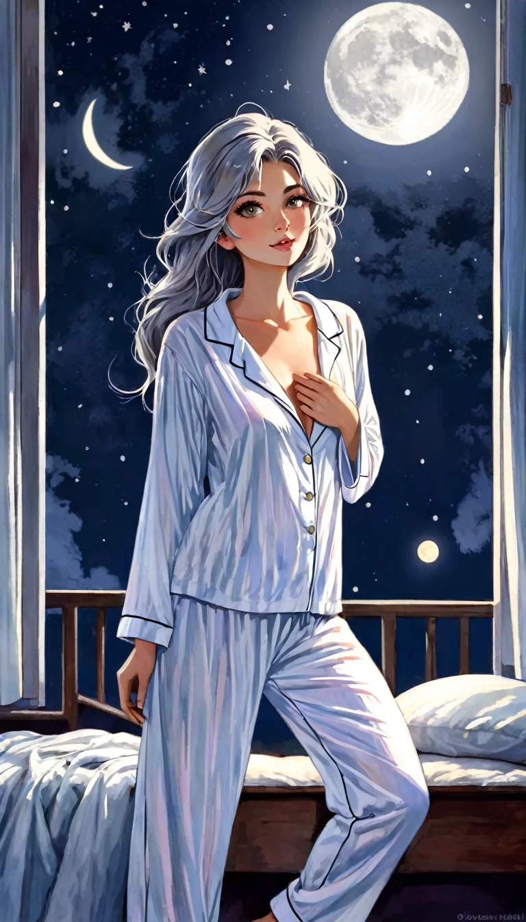 femme , sexy , nuit , devant sa fenêtre , lune , cheveux blanc , pyjama