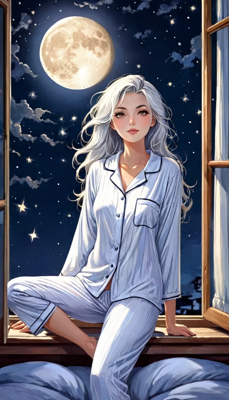 femme , sexy , nuit , devant sa fenêtre , lune , cheveux blanc , pyjama