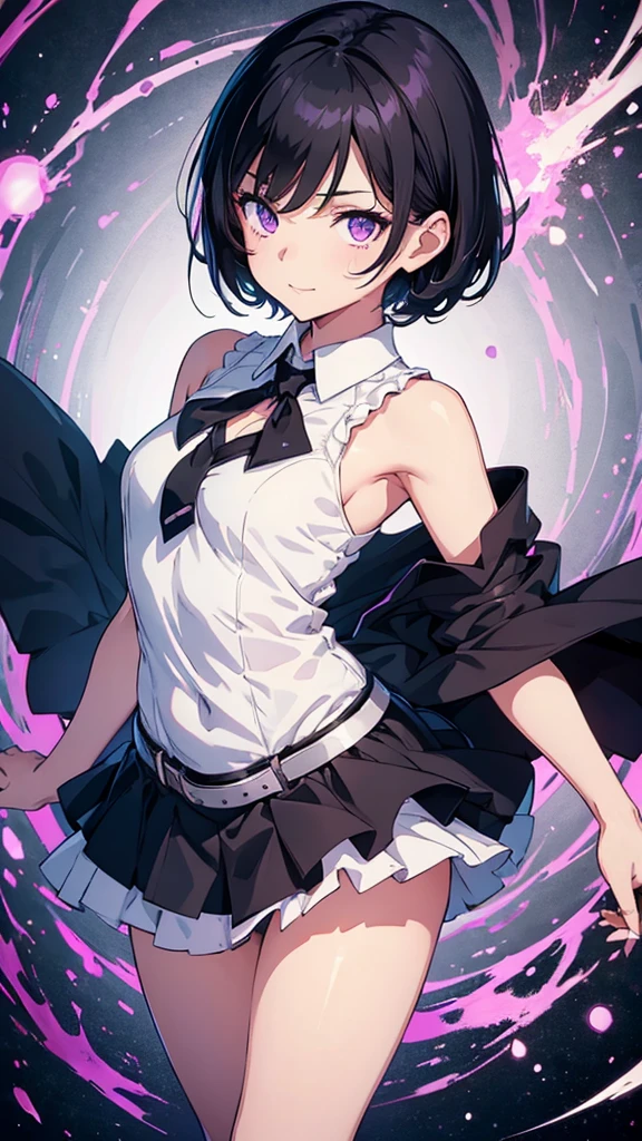 young girl, short black hair, violet eyes, smirk, full body, high quality, 4k, HD, Good detail, Innocence, Put your arms behind your back, White Dress, Black waist tie