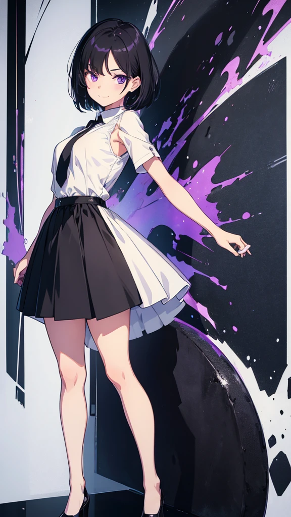 young girl, short black hair, violet eyes, smirk, full body, high quality, 4k, HD, Good detail, Innocence, Put your arms behind your back, White Dress, Black waist tie