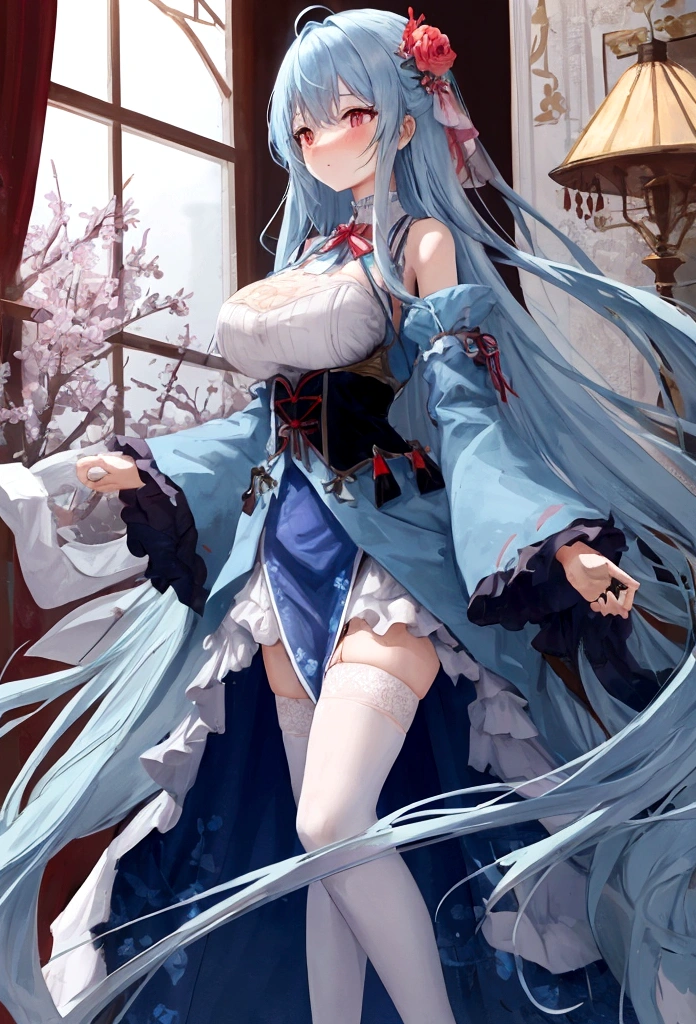 Light blue hair, very long hair, red eyes, big breasts, solo, blush, adult chiffon dress, blue floral pattern stockings, stripped sleeves, wide sleeves, standing pose