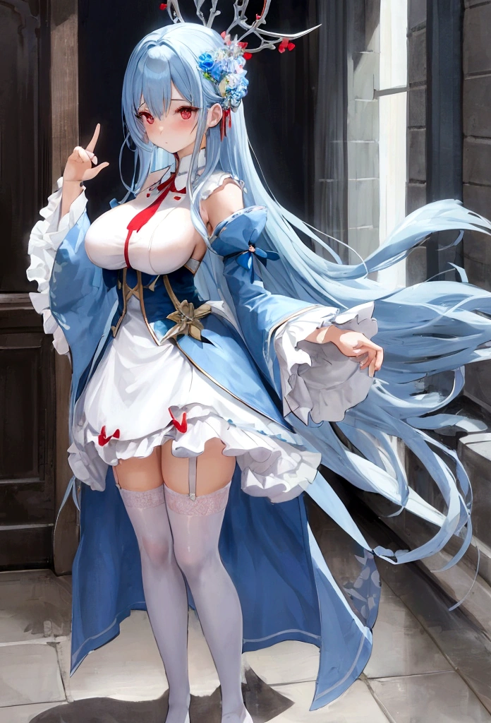 Light blue hair, very long hair, red eyes, big breasts, solo, blush, adult chiffon dress, blue floral pattern stockings, stripped sleeves, wide sleeves, standing pose