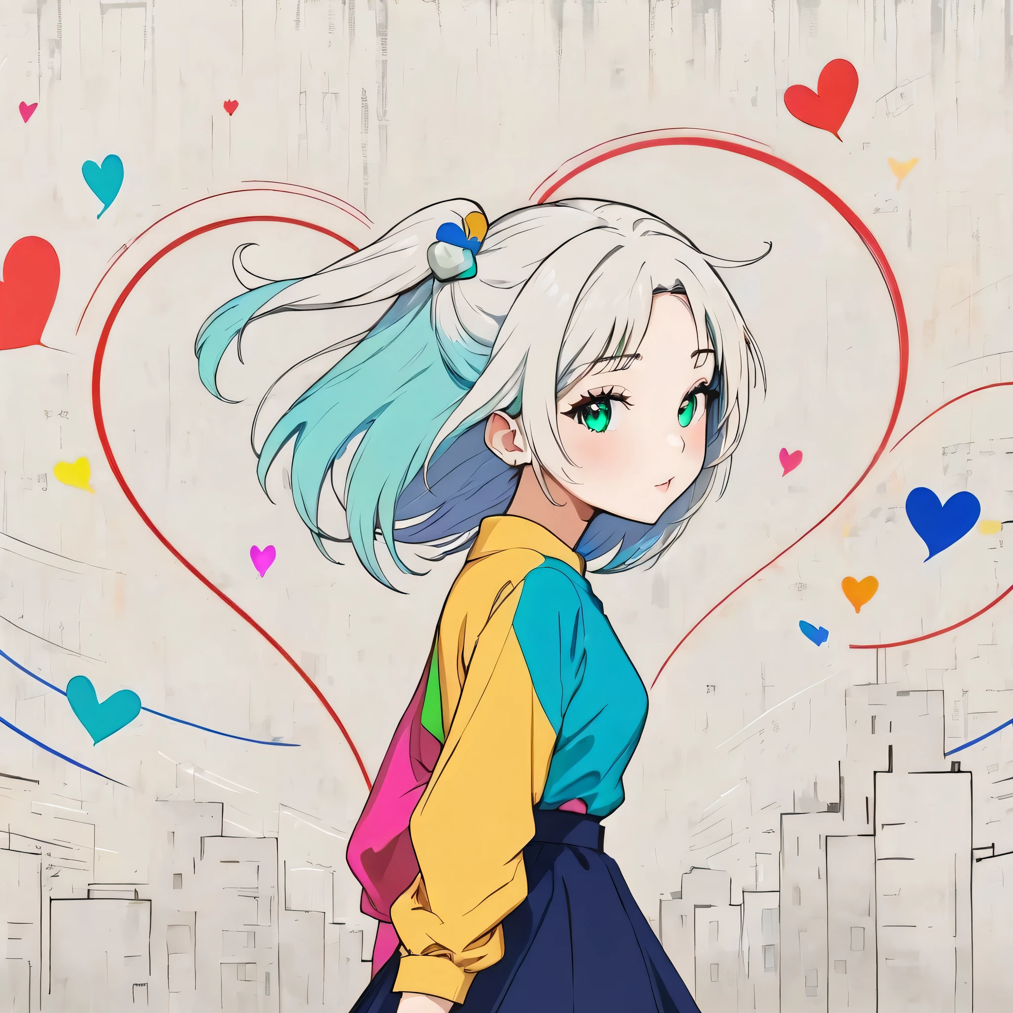 Mai Yoneyama style, Simple Line Initialism，Abstract art，Urban Background, colorful hearts ,(((The most beautiful girl of all time))),