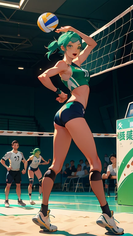 high quality,High resolution, detailed, full_body, Are standing, Looking_in_Audience,cowboy_shot, feet_outside_of_フレーム 1女of子, 一人in,;D, Aqua_bikini, Aqua_eye, arm_behind_head, just_shoulder, green_hair, Sports_good, Stomach, visor_cap, volleyball, volleyball_(物body), Sportswear, volleyball_Net, outsideDoors