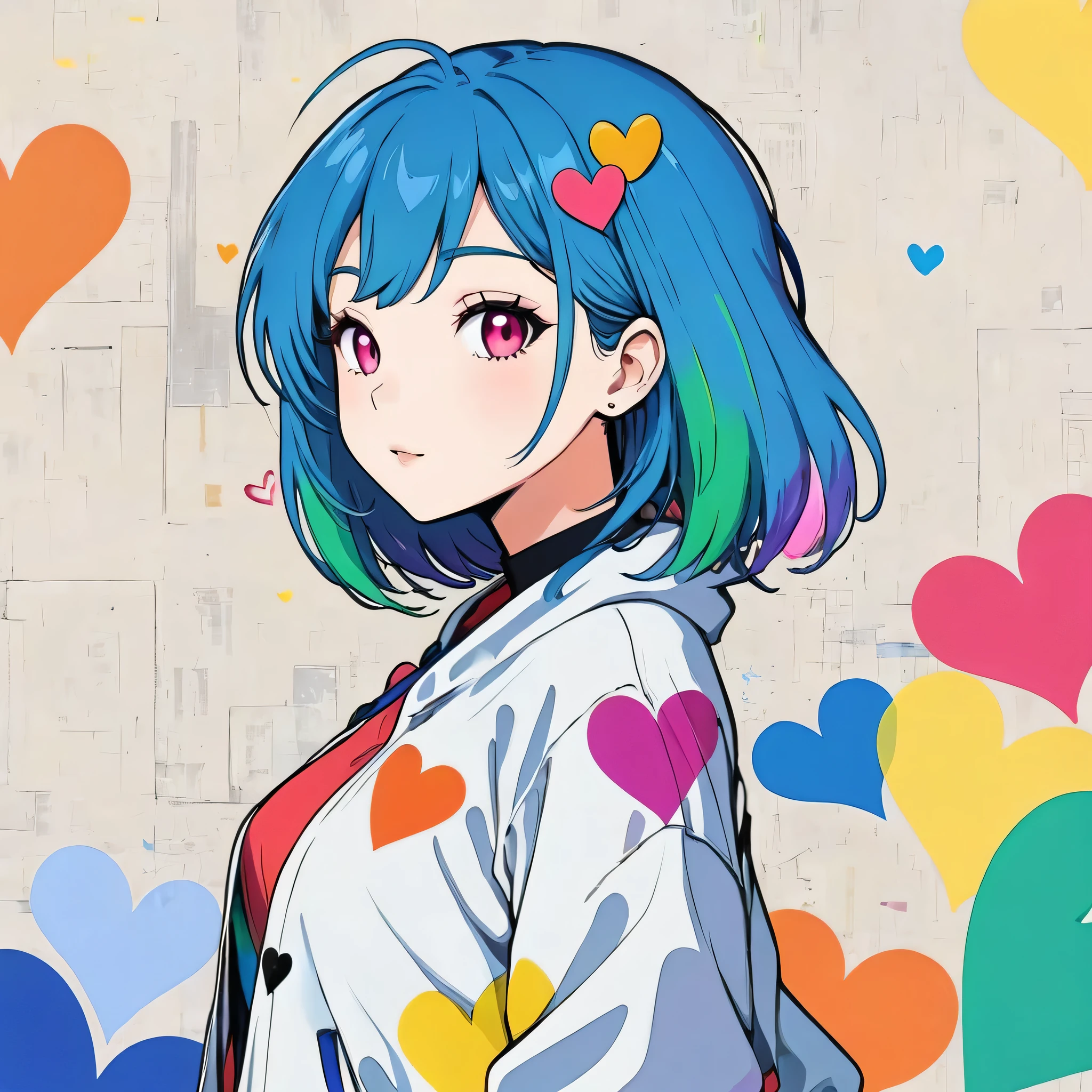 Mai Yoneyama style, Simple Line Initialism，Abstract art，Urban Background, colorful hearts ,(((The most beautiful girl of all time))),
