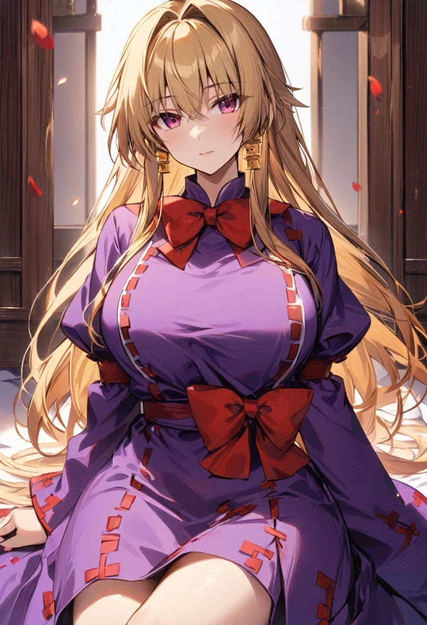 masterpiece, best quality, 1girl, solo, adult, yukari yakumo, touhou, blonde hair, long hair, golden earrings, pink eyes, detailed face, purple dress, white corners, large breasts, red bow, red bows on dress, sitting
