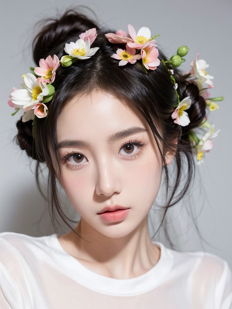 masterpiece, best picture quality, Extreme details, ultra high resolution, ultra high definition, beautiful young man, shiny skin, thin, black hair, half bun, 1, big eyes, beautiful eyes, lipstick, Exquisite facial features, medium shot, bust, look at the viewer, t-shirt, single tone background, White background, soft light, Wearing flowers